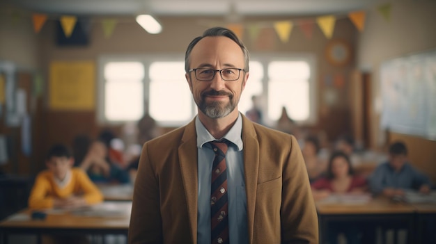 Retrato de un amable maestro de escuela masculino en un aula con una sonrisa ligera y sincera