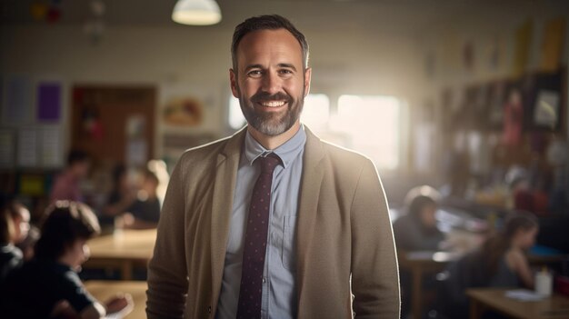 Retrato de un amable maestro de escuela masculino en un aula con una sonrisa ligera y sincera