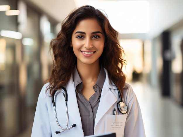 Retrato de un amable médico masculino en ropa de trabajo con estetoscopio en el cuello