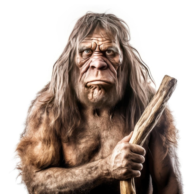 Foto retrato de un amenazante hombre de las cavernas primitivo neandertal sosteniendo un palo de madera aislado en un blanco