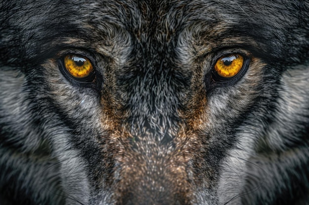 Retrato amenazante de un lobo de madera con ojos amarillos