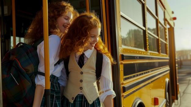 Retrato de amigas adolescentes entrando en una pancarta de autobús escolar sobre el concepto de educación y de vuelta