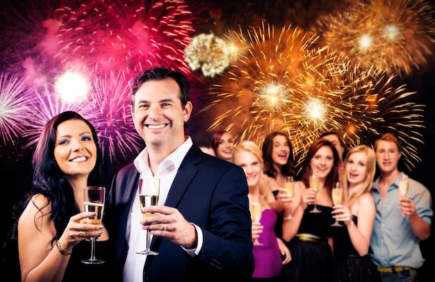 Retrato de amigos con flautas de champán de pie contra una exhibición de fuegos artificiales por la noche
