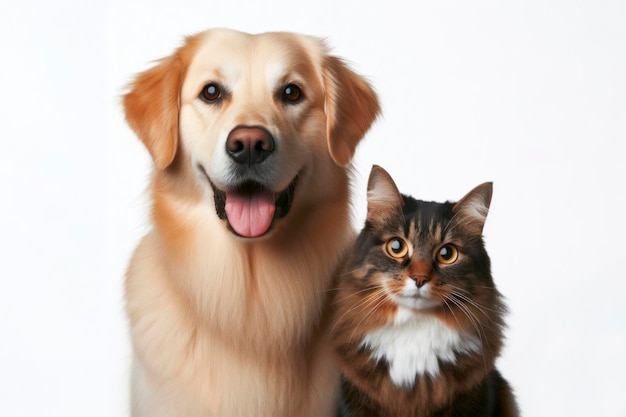 retrato de amigos perro y gato en un espacio de copia de fondo blanco