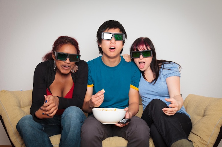 Foto retrato de amigos usando mientras están sentados en el sofá en casa
