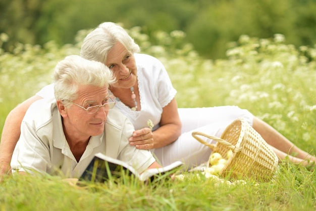 Retrato de amorosa pareja de ancianos haciendo un picnic