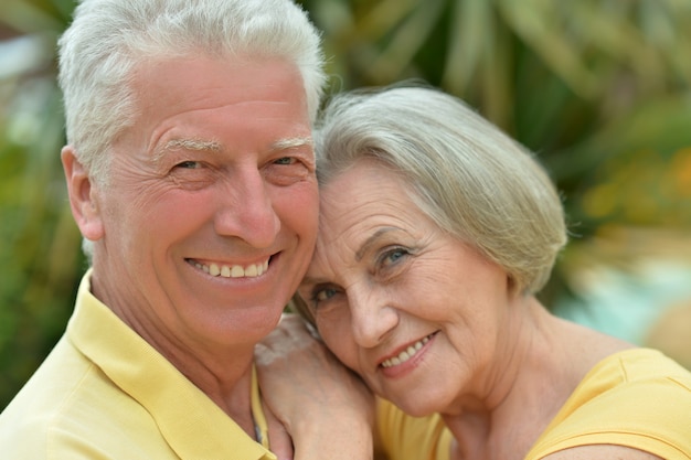 Retrato de una amorosa pareja madura en el parque de verano