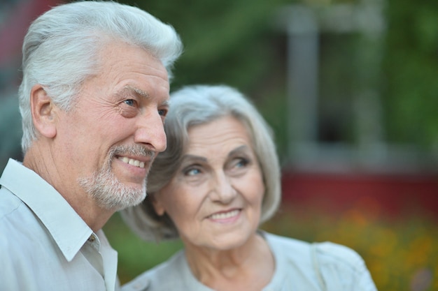 Retrato de una amorosa pareja madura en el parque de verano