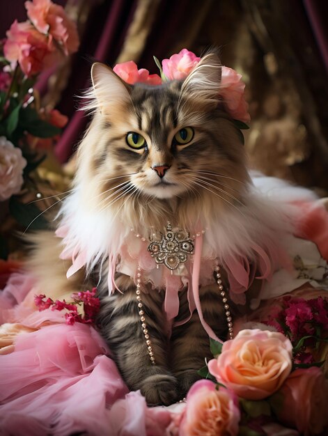 Foto retrato de un amoroso gato traje de hada pirata del himalaya corona floral diseño de moda arte de vestuario