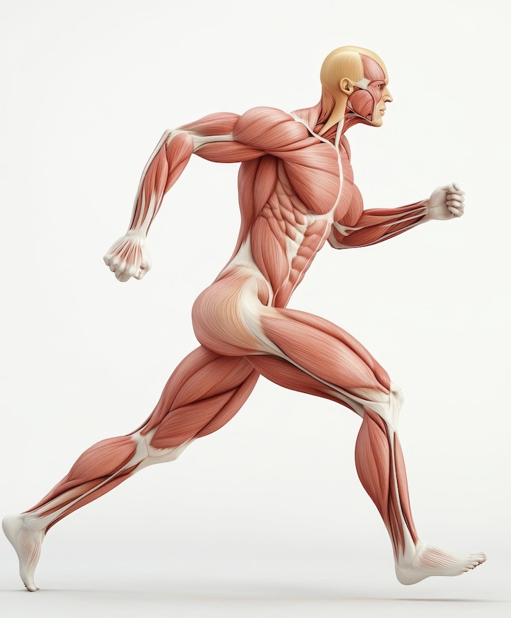 Retrato de la anatomía muscular humana en la postura de carrera