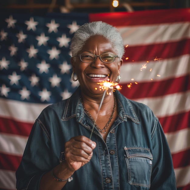 Foto retrato de una anciana afroamericana sosteniendo una chispa frente a la bandera estadounidense el 4 de julio