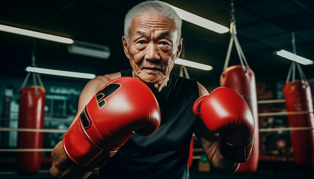 Retrato de una anciana asiática con guantes de boxeo en el gimnasio sobre un fondo oscuro