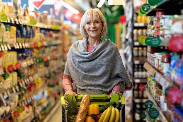 Retrato de una anciana bonita haciendo compras en el supermercado