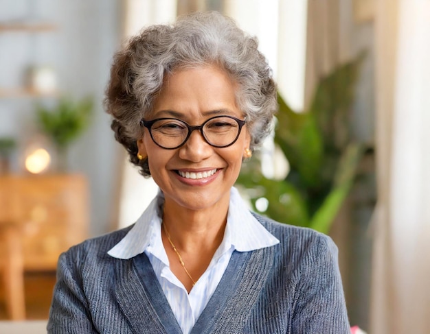 retrato de una anciana de cabello gris con gafas en el interior de la casa de origen africano estadounidense sonriendo