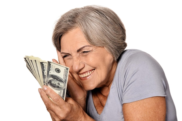 Retrato de anciana feliz con dólares