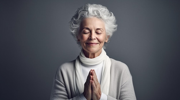 Retrato de una anciana feliz con los ojos cerrados y los ojos fechados