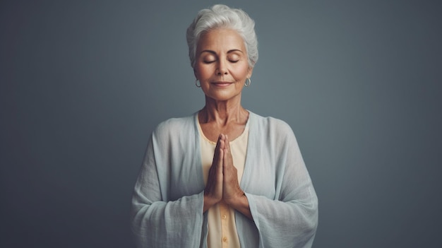 Retrato de una anciana feliz con los ojos cerrados y los ojos fechados