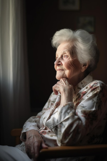 Retrato de una anciana feliz relajándose en casa creado con IA generativa