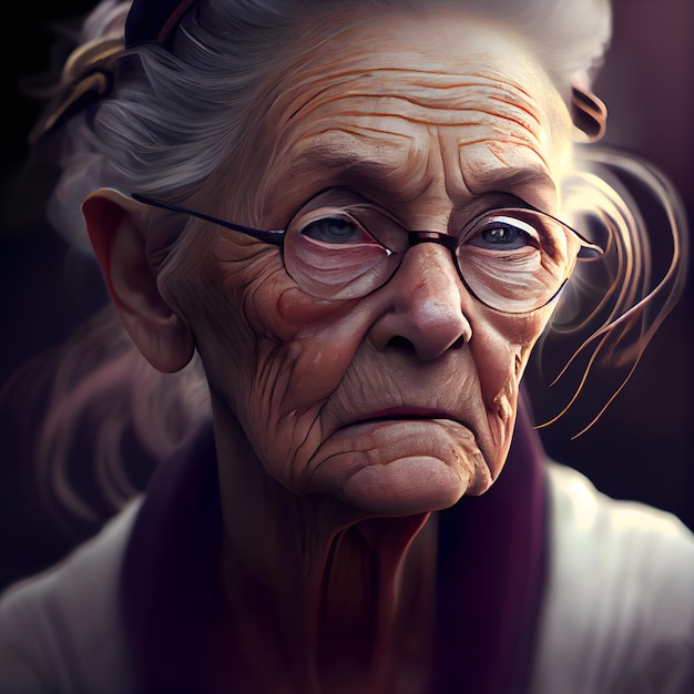 Retrato de una anciana con gafas Foto en estilo de imagen en color antiguo