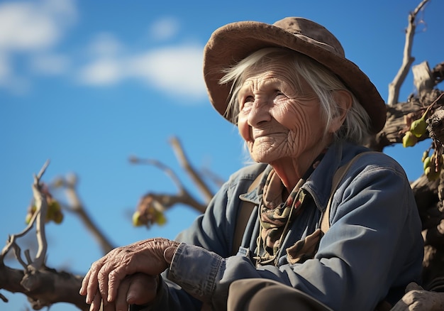 Retrato de una anciana granjera sentada en un banco sonriendo y mirando