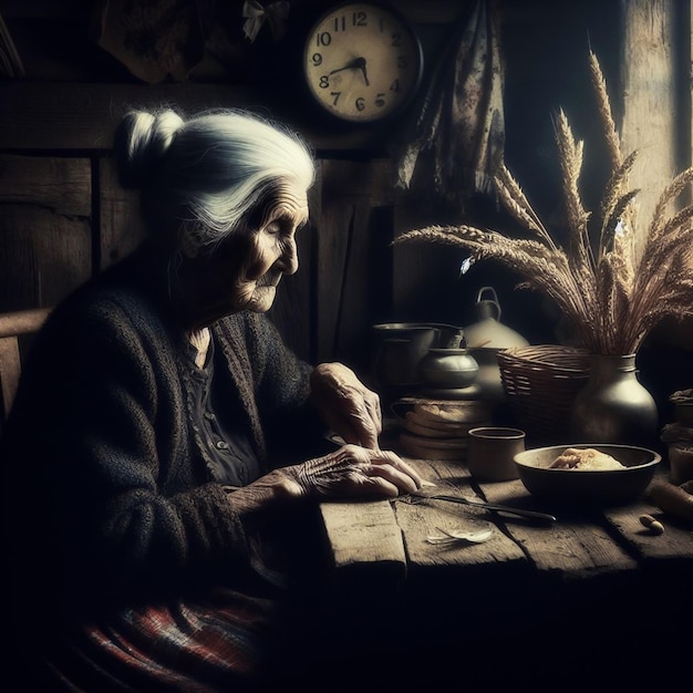 Retrato de una anciana granjera sentada en su cocina rústica pensando y mirando