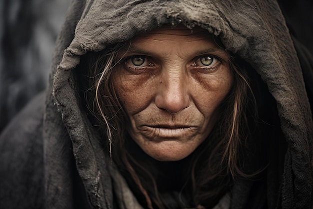 Retrato de una anciana sin hogar de cabello plateado mendiga frente a la cámara en Europa