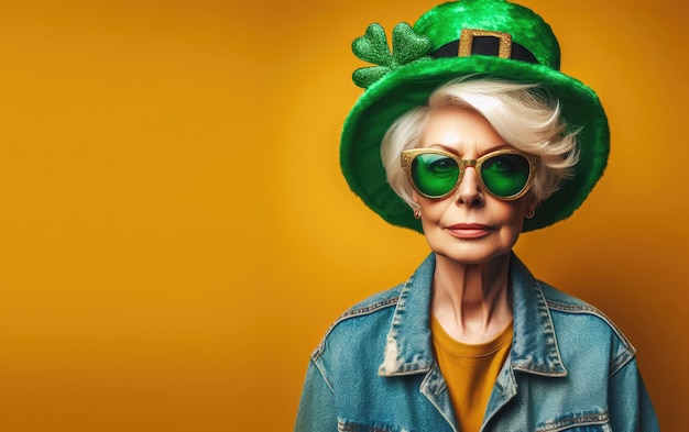 Retrato de una anciana irlandesa madura con gafas de sol, flor de trébol verde y sombrero verde