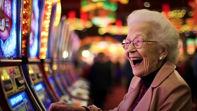 Retrato de anciana jugadora jugando tragamonedas en máquinas tragamonedas de casino en las vegas abuela