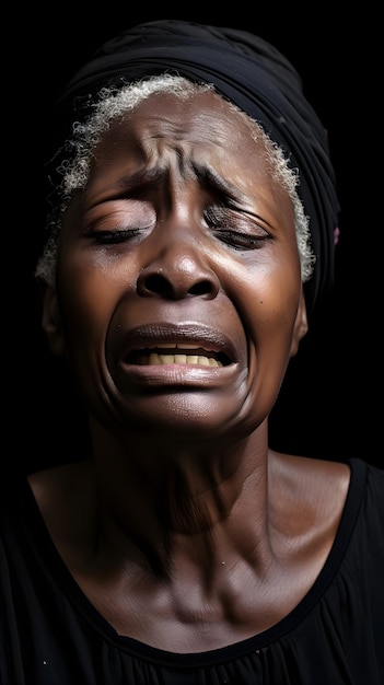 Retrato de una anciana negra llorando contra un fondo blanco con espacio para el texto generado por la IA