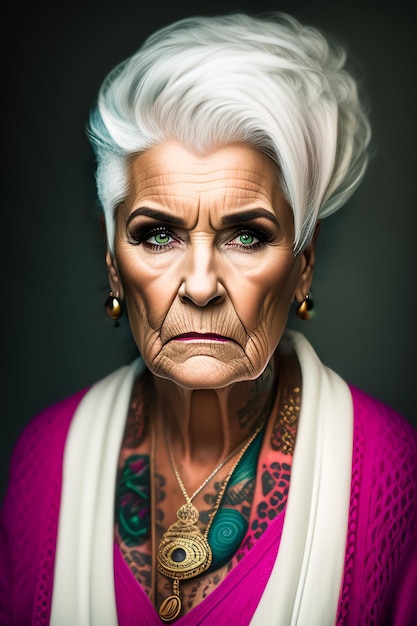 Un retrato de una anciana con ojos verdes y un suéter rojo.