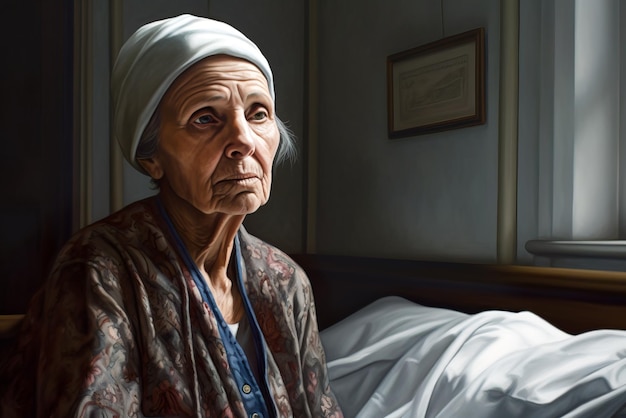 Retrato de una anciana sentada en la cama en casa IA generativa