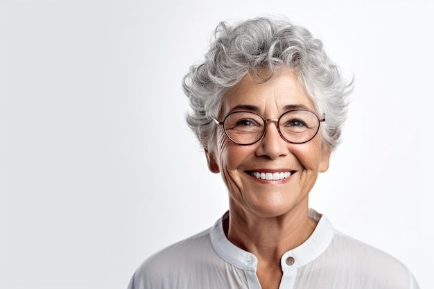 Retrato de una anciana sobre fondo blanco, espacio para copiar texto del día internacional de las personas mayores