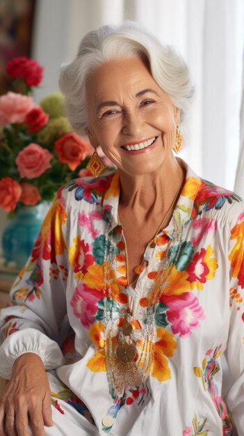 Retrato de una anciana sonriente con cabello blanco y ropa de colores