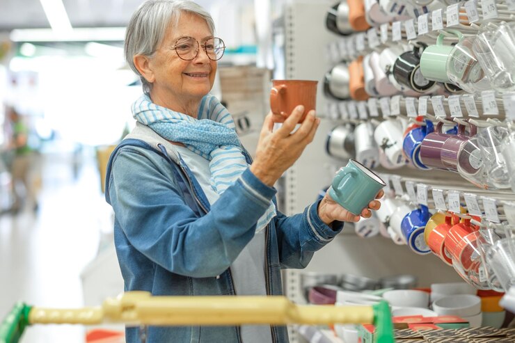 Retrato de una anciana sonriente haciendo compras en el supermercado eligiendo una taza de cerámica Cliente anciano caucásico en el departamento de artículos para el hogar