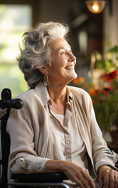 Retrato de una anciana sonriente sentada en una silla de ruedas en casa