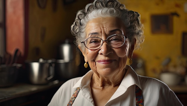 Retrato de una anciana sudamericana sonriente con cabello gris mirando a la cámara IA generativa