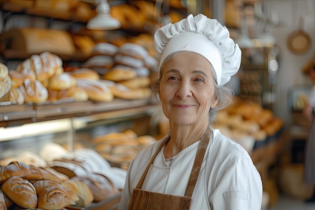 Retrato de una anciana trabajando en su propia panadería