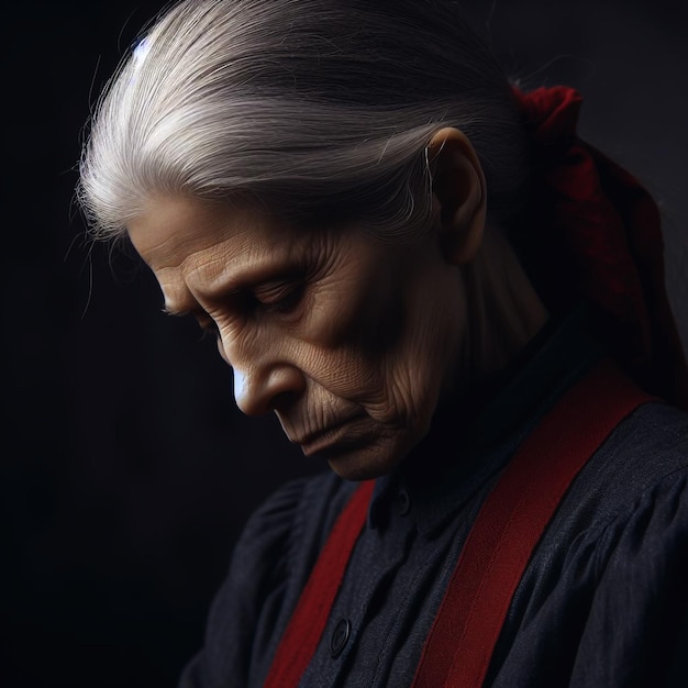 Retrato de una anciana triste con el cabello gris en fondo oscuro