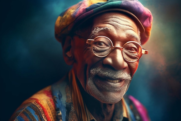 Retrato de un anciano abuelo sonriente de piel oscura con gafas La juventud del alma