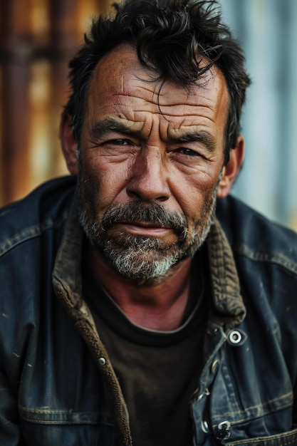 Foto retrato de un anciano con barba en una chaqueta de cuero