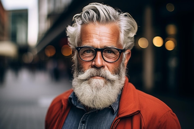 Retrato de un anciano con barba y gafas en la ciudad