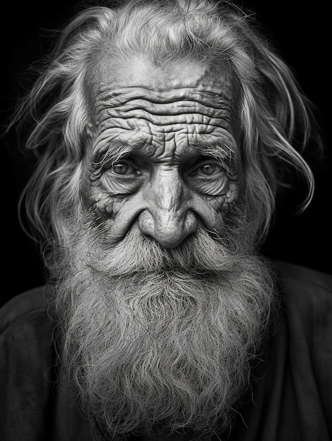 Un retrato de un anciano con barba larga y barba larga.