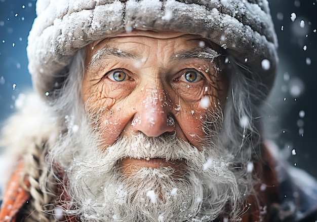 Retrato de un anciano con barba Sombrero cálido y nieve cayendo Tiempo de invierno generado por Ai