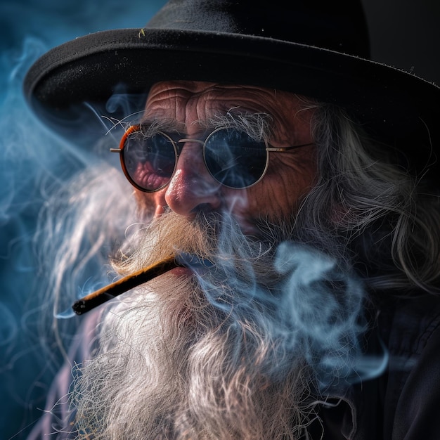 Foto retrato de un anciano barbudo arrugado con vidrio y sombrero envuelto en el humo del cigarrillo.