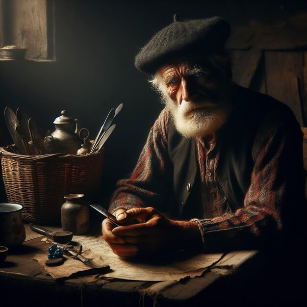 Retrato de un anciano con boina y cara pensativa