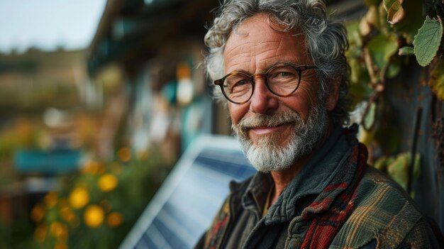 Foto retrato de un anciano con cabello gris y gafas en el campo