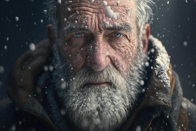 Retrato de un anciano canoso con ojos azules en tiempo de nieve