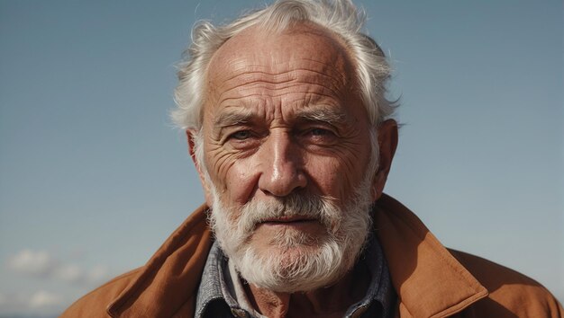 retrato de un anciano carismático con cabello gris y una barba y arrugas en la cara