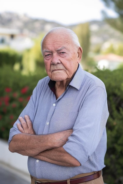 Foto retrato de un anciano confiado posando para la cámara afuera creado con ia generativa