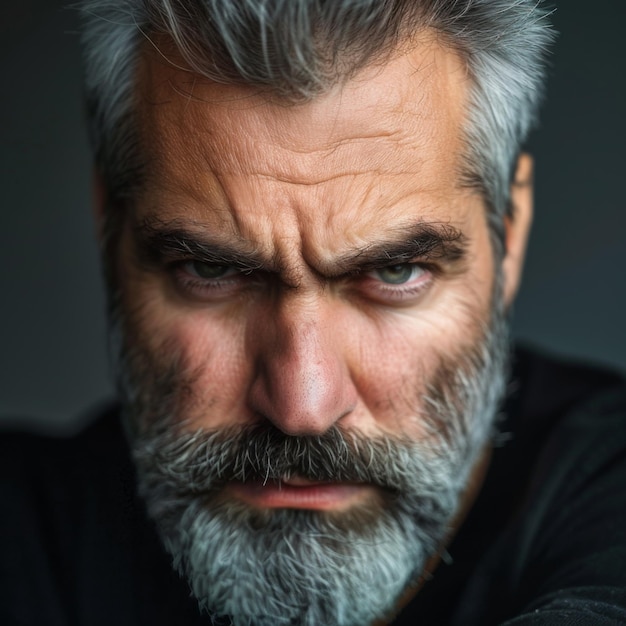 Retrato de un anciano enojado con cabello gris y barba sobre un fondo oscuro